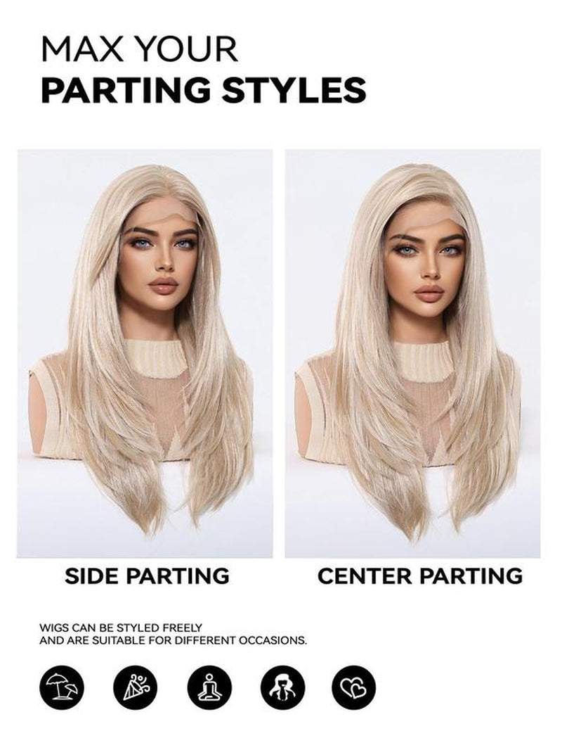 22 Inch Long Platinum Blonde Layered Straight Wigs for Women, Gorgeous Fluffy Natural Looking Wigs without Bangs, Synthetic Lace Front Wigs for Party, Daily Use