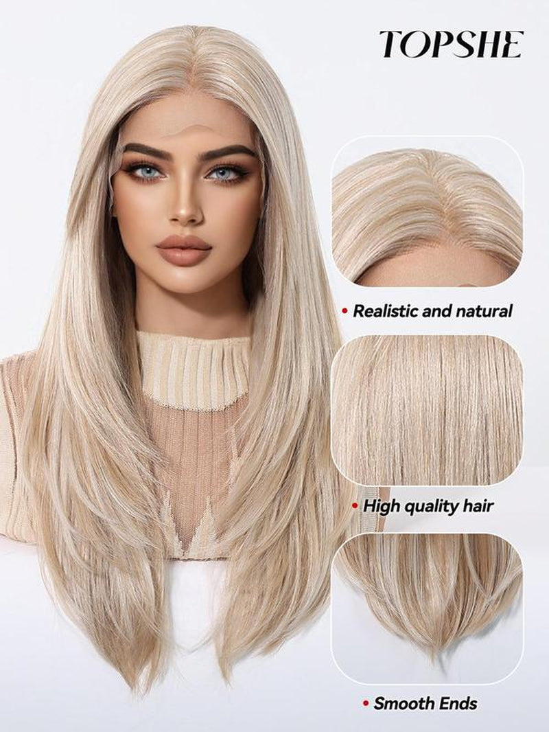 22 Inch Long Platinum Blonde Layered Straight Wigs for Women, Gorgeous Fluffy Natural Looking Wigs without Bangs, Synthetic Lace Front Wigs for Party, Daily Use