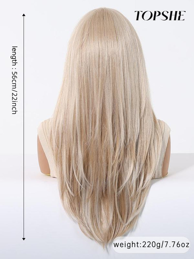 22 Inch Long Platinum Blonde Layered Straight Wigs for Women, Gorgeous Fluffy Natural Looking Wigs without Bangs, Synthetic Lace Front Wigs for Party, Daily Use