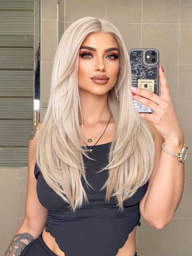 22 Inch Long Platinum Blonde Layered Straight Wigs for Women, Gorgeous Fluffy Natural Looking Wigs without Bangs, Synthetic Lace Front Wigs for Party, Daily Use