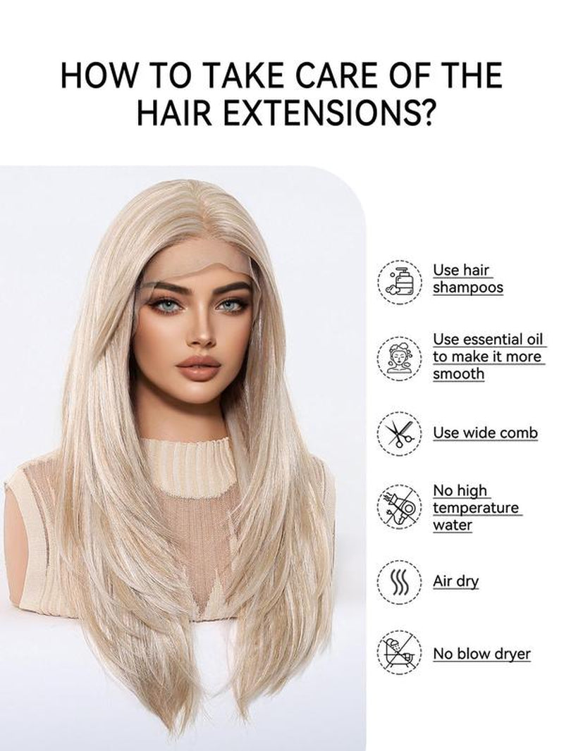22 Inch Long Platinum Blonde Layered Straight Wigs for Women, Gorgeous Fluffy Natural Looking Wigs without Bangs, Synthetic Lace Front Wigs for Party, Daily Use